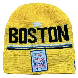 BOSTON BLUE Beanie Hat Pledge Of Allegiance Patch Bruins Colors Yellow‎ Lined